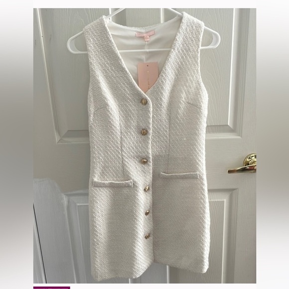 BeBop Ivory Textured V-neck Vest Style Mini Dress (Medium) with Gold Buttons - Picture 8 of 10